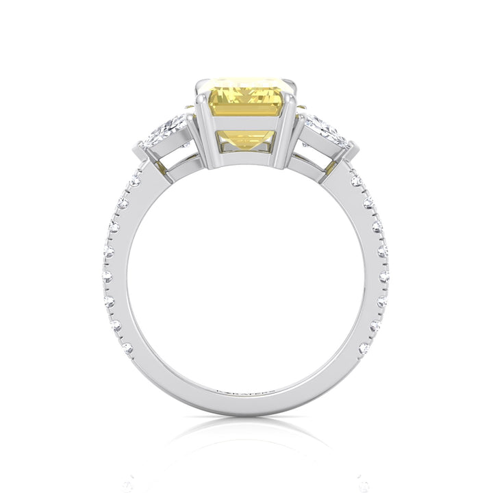 Fancy Yellow Emerald Shape Lab-Grown Diamond Engagement Ring with Trillion and Pave Sidestones