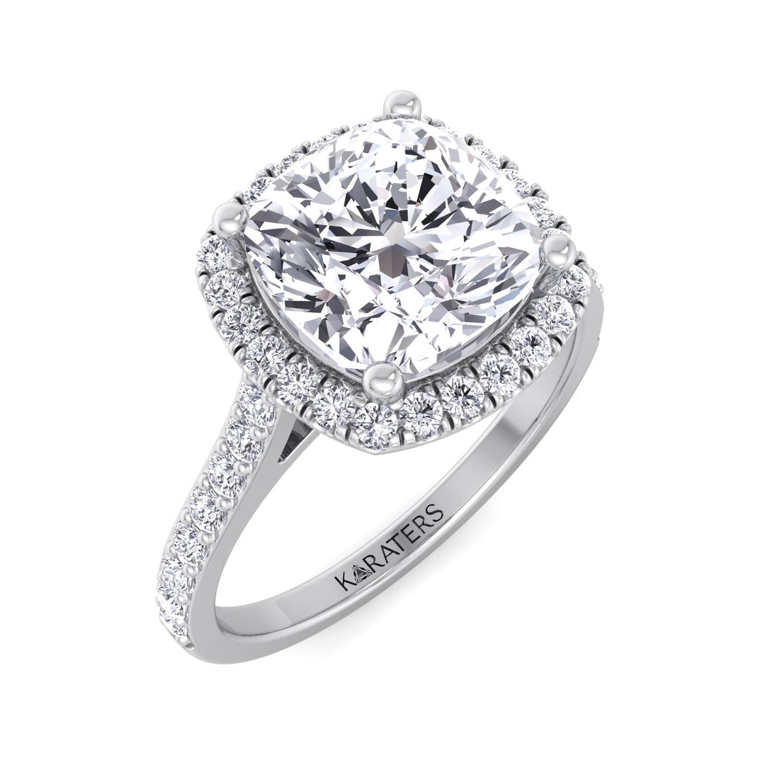 Cushion Cut Halo Lab Grown Diamond Engagement Ring With Thick Pave Band