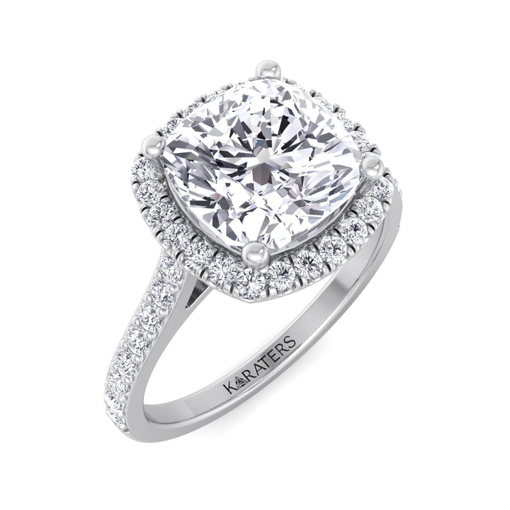 Cushion Cut Halo Lab Grown Diamond Engagement Ring With Thick Pave Band