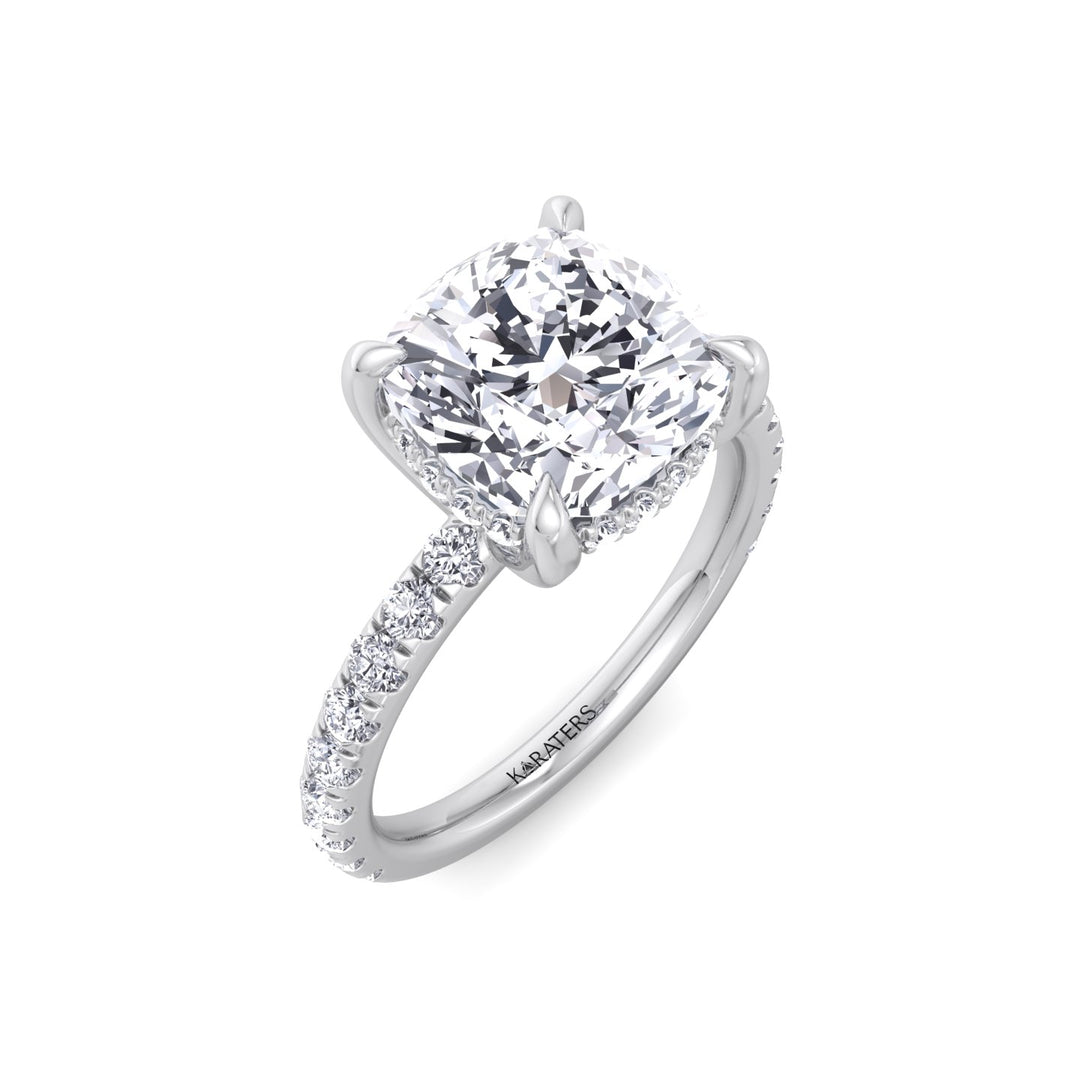 Cushion Cut Lab Grown Diamond Engagement Ring with Sidestones and Hidden Halo White Gold 18K