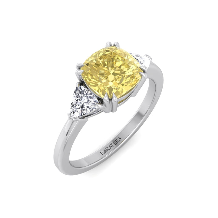 Fancy Yellow Cushion Cut Lab Grown Diamond Engagement Ring with Trillion Sidestones White Gold 18K