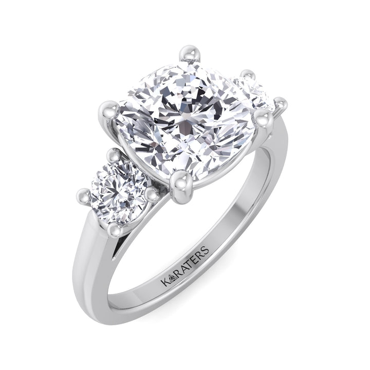 Cushion Cut Solitaire Lab Grown Diamond Engagement Ring With Round SideStones