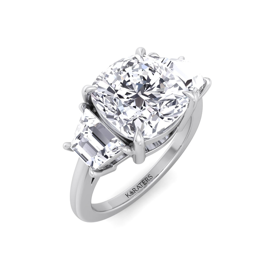 Cushion & Trapezoid Three Stone Lab-Diamond Engagement Ring White Gold 18K