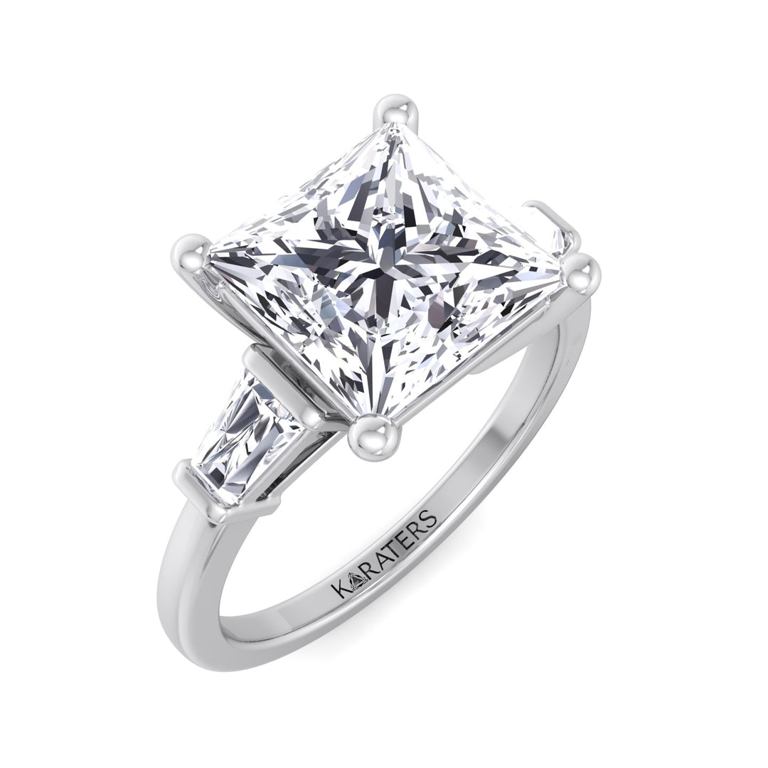 Princess Cut Grown Diamond Solitaire Engagement Ring With Tapered Baguette Sidestones
