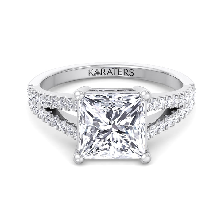 Princess Cut Lab Grown Diamond Solitaire Engagement Ring with Double Band & SideStones