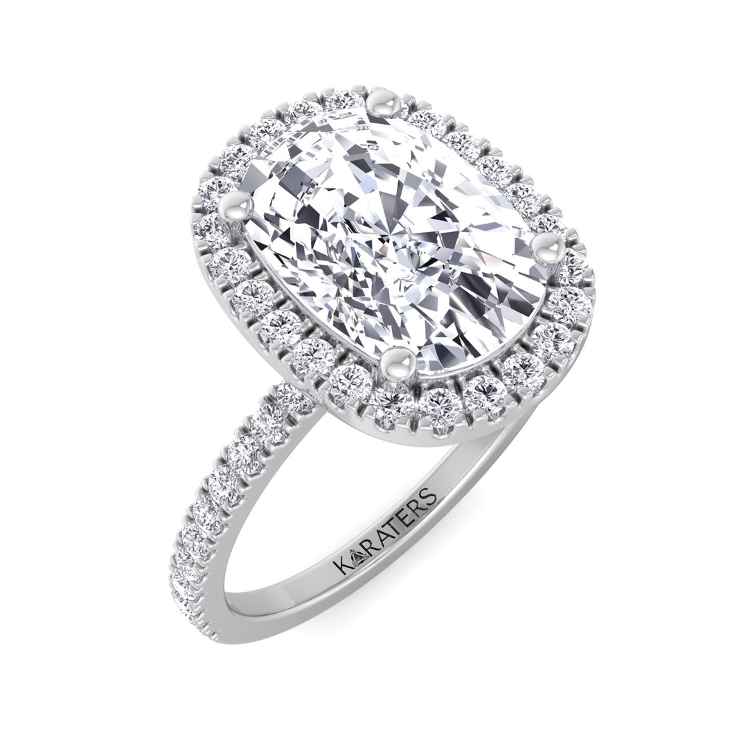 Elongated Cushion Cut Halo Lab Grown Diamond Engagement Ring with Side Stones