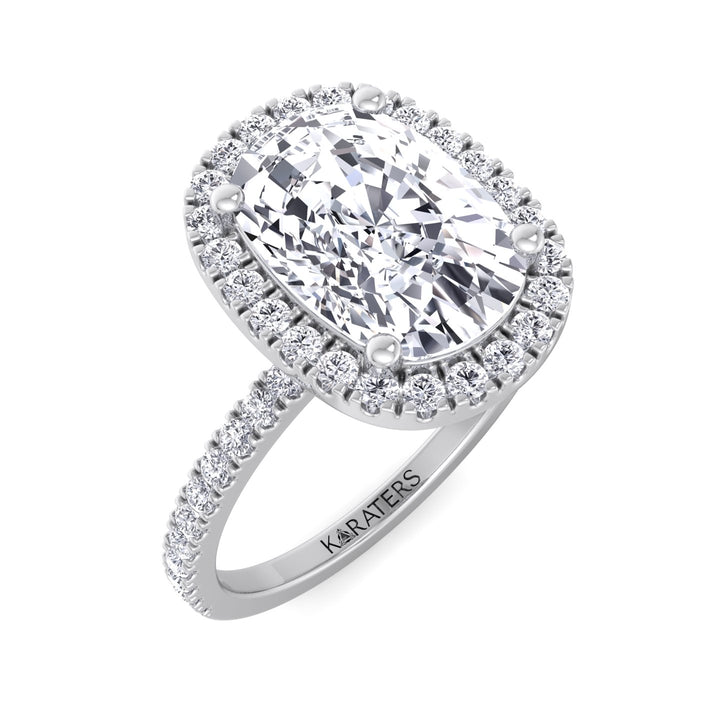 Elongated Cushion Cut Halo Lab Grown Diamond Engagement Ring with Side Stones