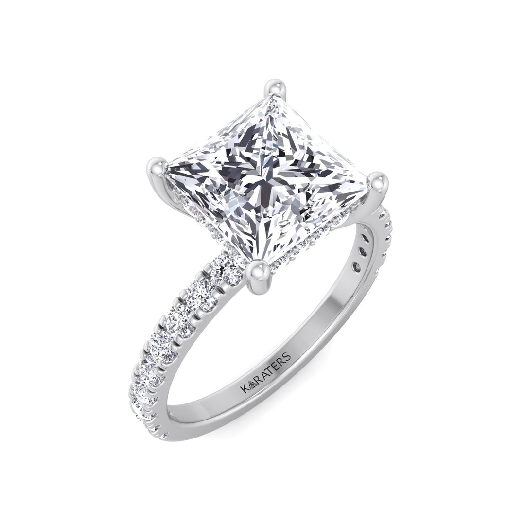 Princess Cut Lab Grown Diamond Engagement Ring with Hidden Halo and Pave Band