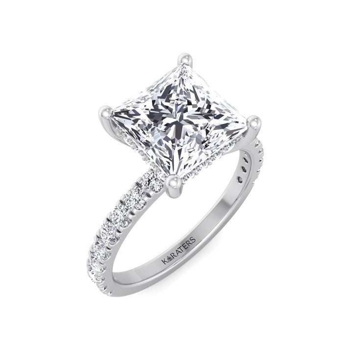 Princess Cut Lab Grown Diamond Engagement Ring with Hidden Halo and Pave Band