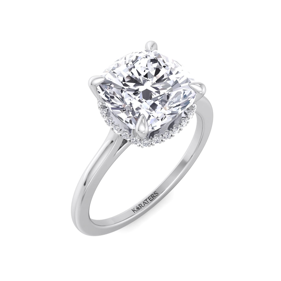 Cushion Cut Lab Grown Diamond Solitaire Engagement Ring with Hidden Halo