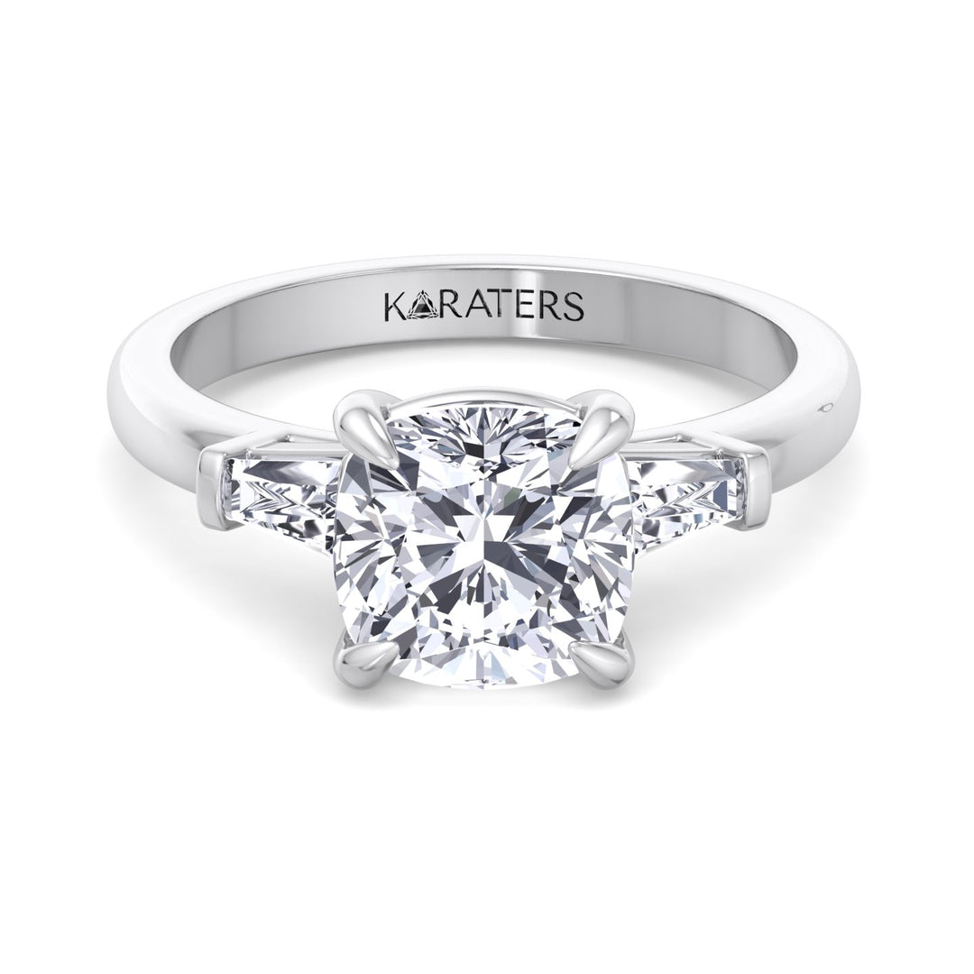 Cushion Cut Solitaire Lab Diamond Engagement Ring with Tapered Baguette SideStones