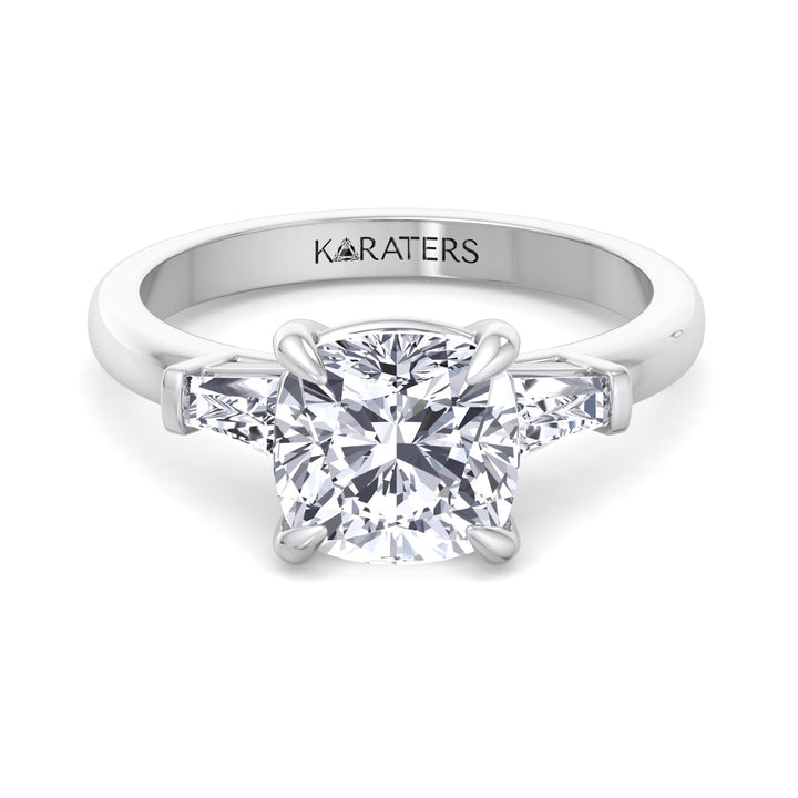 Cushion Cut Solitaire Lab Diamond Engagement Ring with Tapered Baguette SideStones