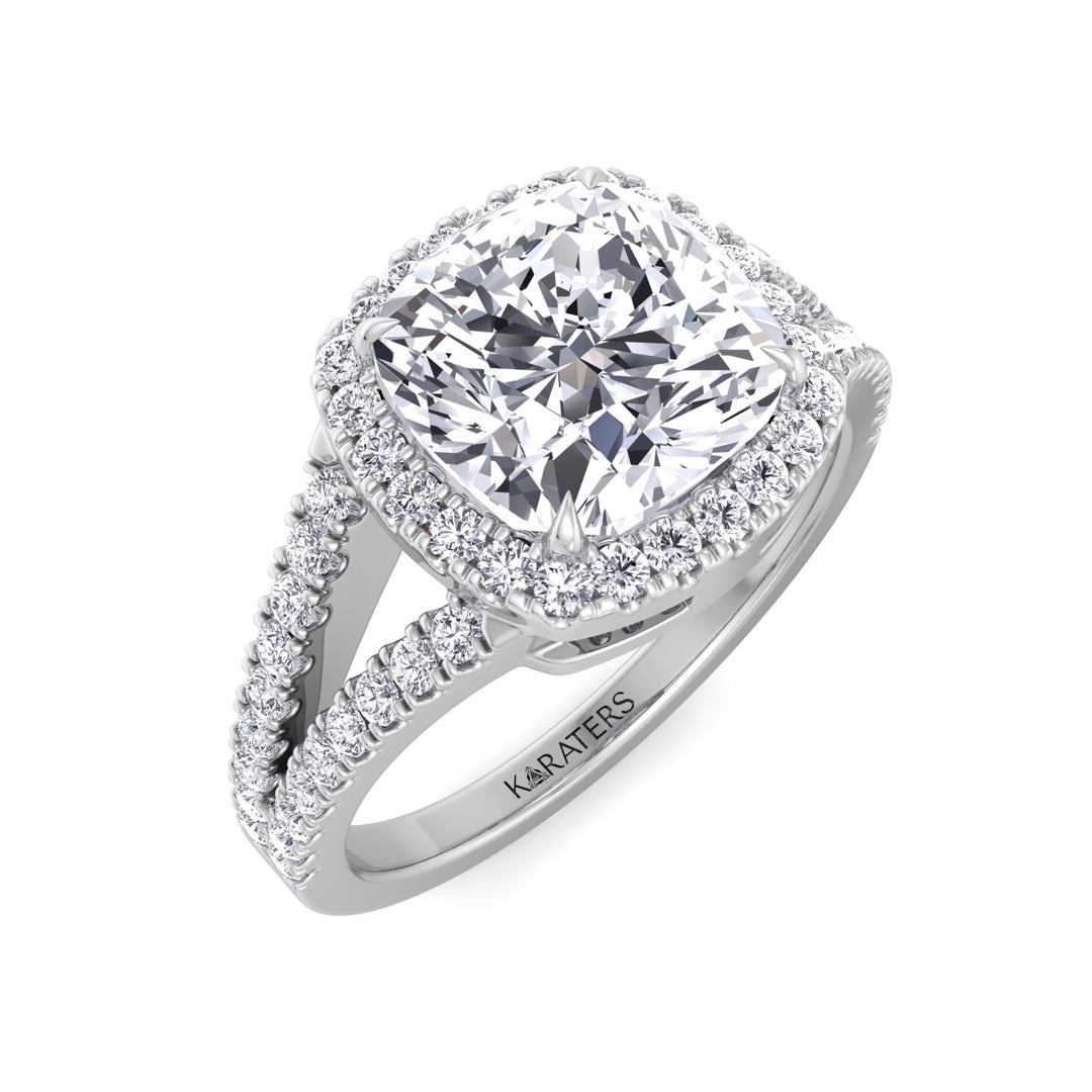 Cushion Cut Lab Grown Diamond Halo Engagement Ring with Split Pave Band