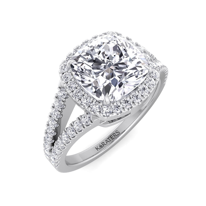 Cushion Cut Lab Grown Diamond Halo Engagement Ring with Split Pave Band