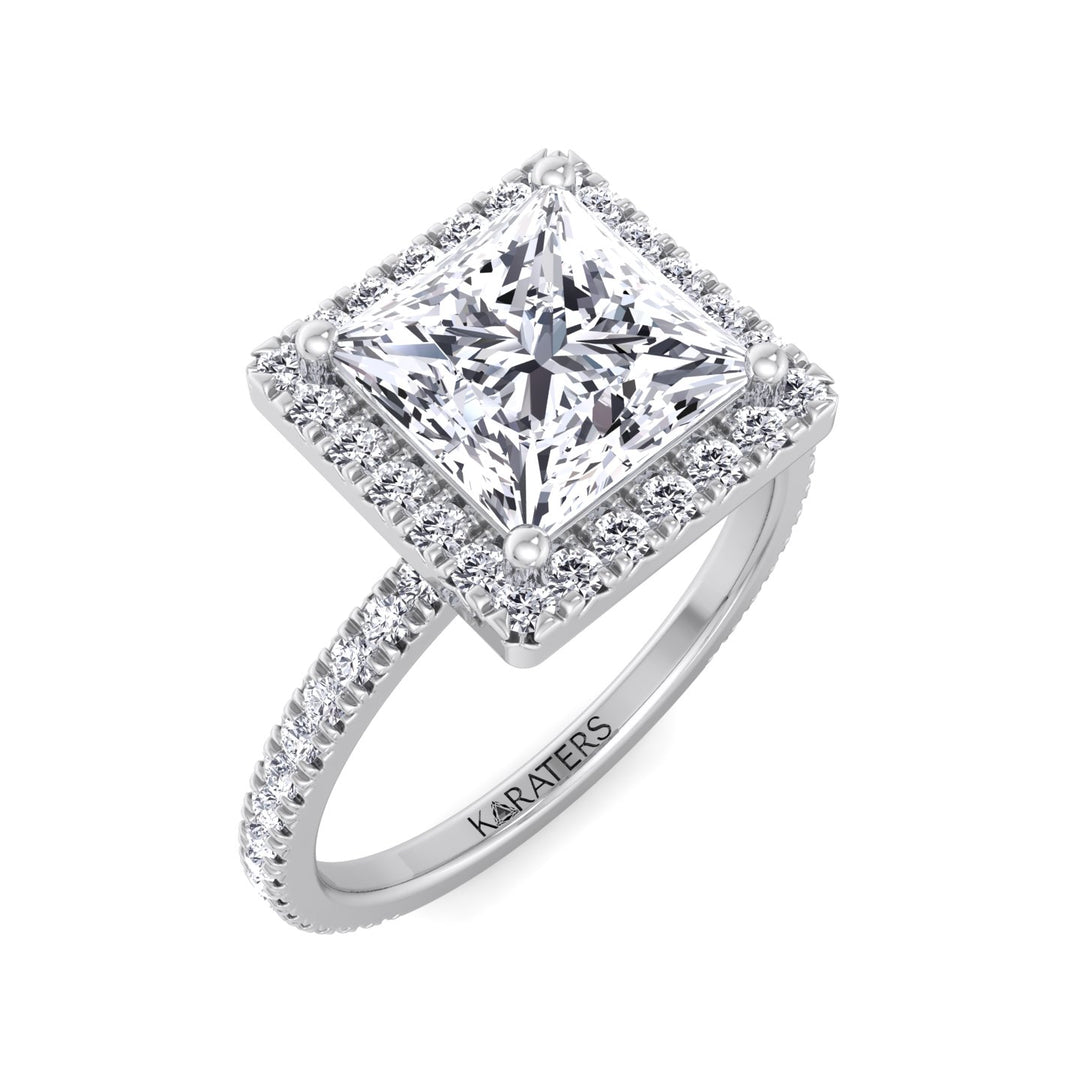 Princess Cut Lab Grown Diamond Engagement Ring With Pave SideStones & Halo