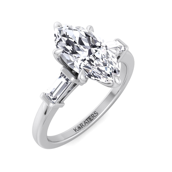 Marquise Shape Lab Grown Diamond Engagement Ring With Baguette SideStones
