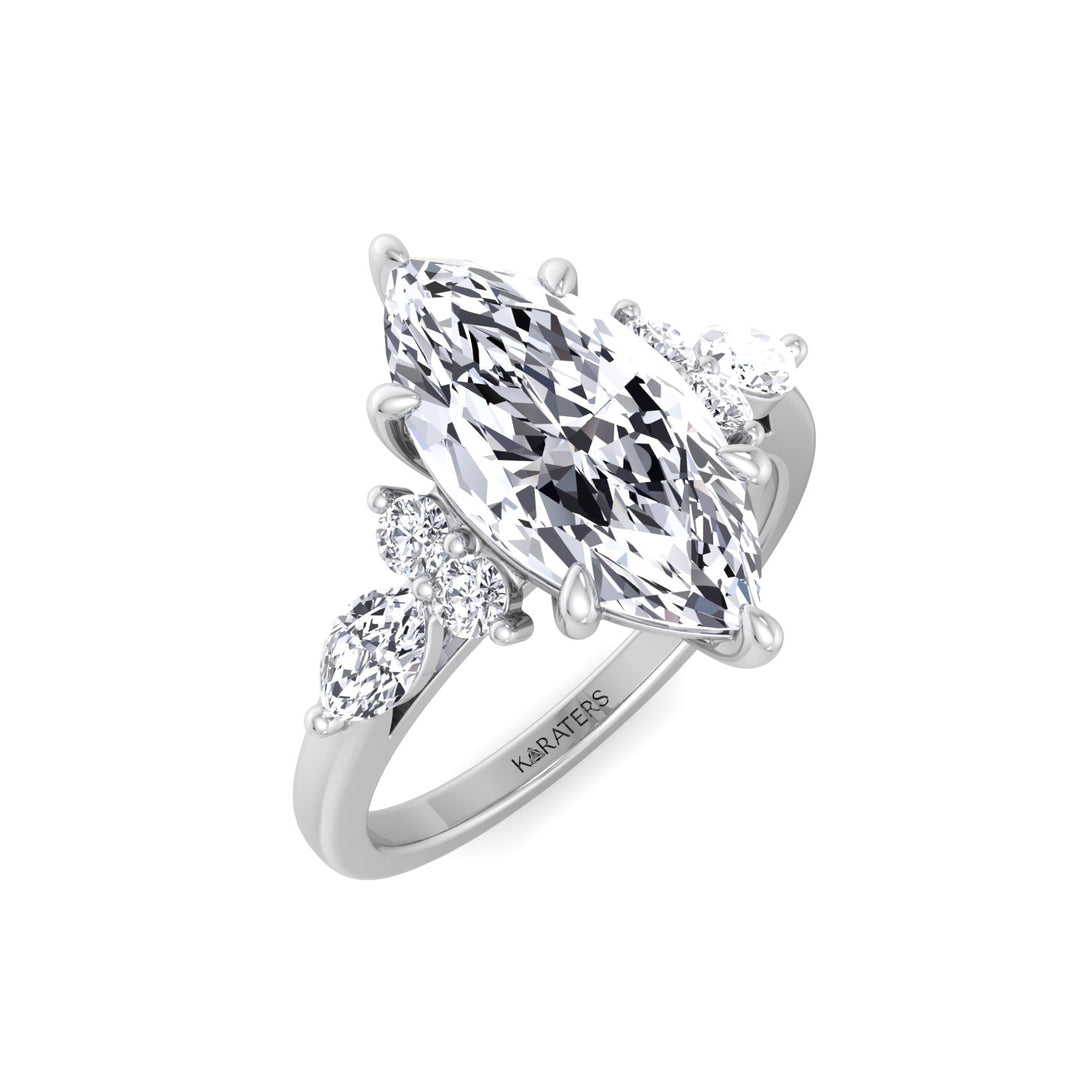 Marquise Shape Lab Grown Diamond Engagement Ring with Marquise and Round Sidestones-18K-1CT-2CT-3CT-4CT-5CT-6CT-7CT-8CT-9CT-10CT-White Gold