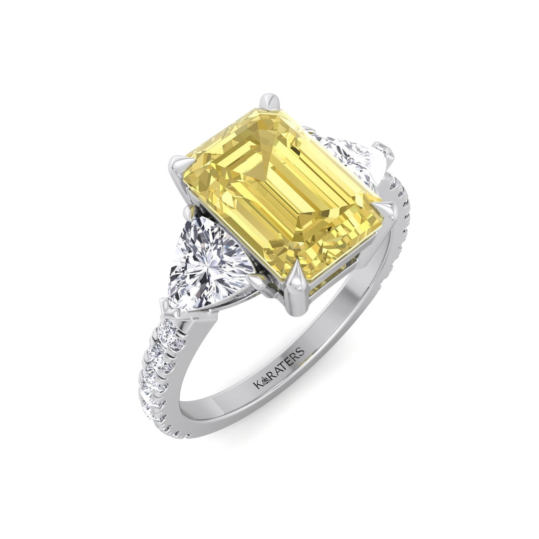 Fancy Yellow Emerald Shape Lab-Grown Diamond Engagement Ring with Trillion and Pave Sidestones