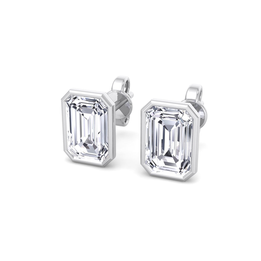 Bezel Set Emerald Shape Lab Grown Diamond Studs White Gold  14K