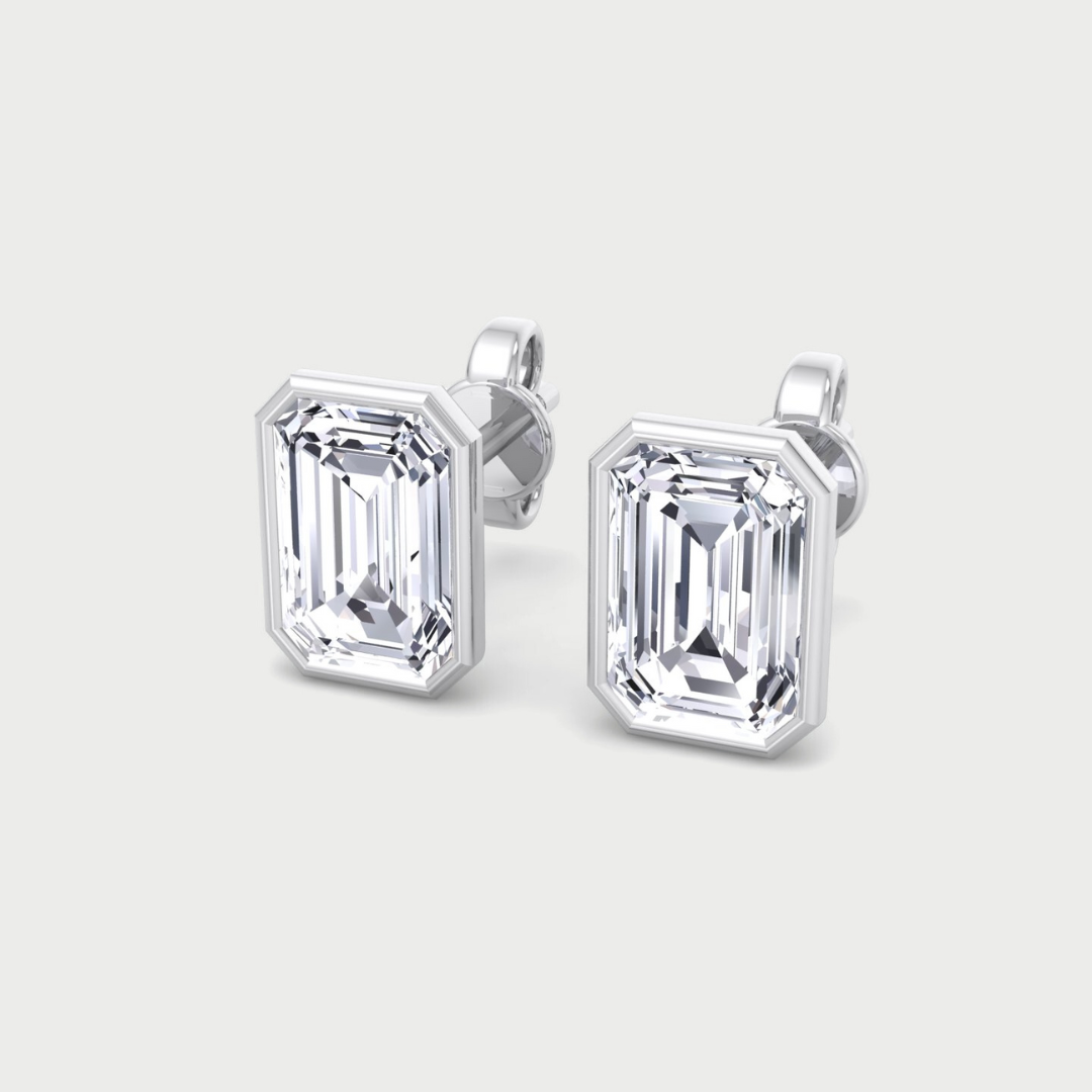 Bezel Set Emerald Shape Lab Grown Diamond Studs