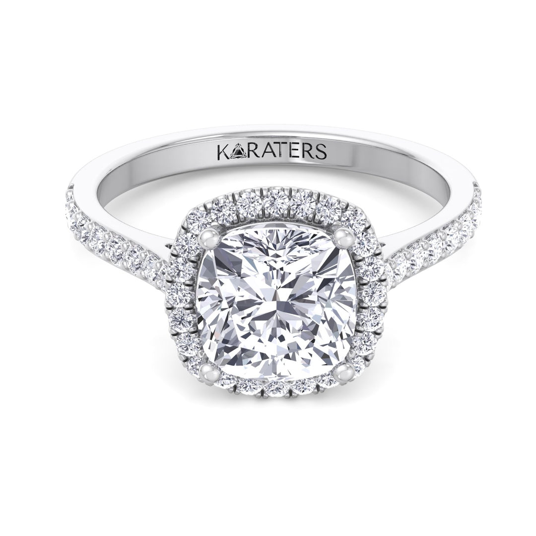 Cushion Cut Halo Lab Grown Diamond Engagement Ring With Thick Pave Band
