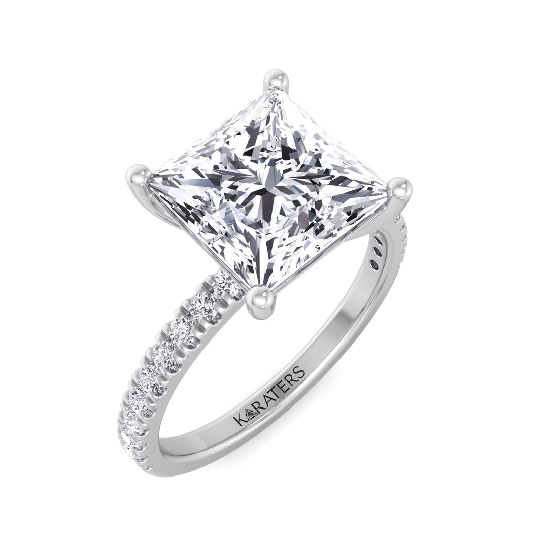 Princess Cut Lab Grown Diamond Engagement Ring with Pave SideStones