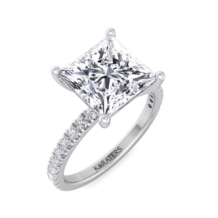 Princess Cut Lab Grown Diamond Engagement Ring with Pave SideStones