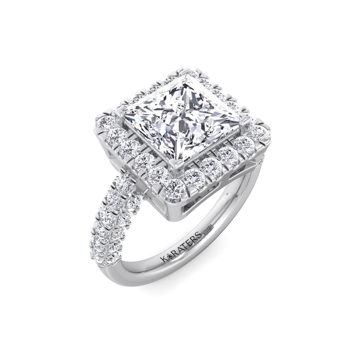 Princess Shape Lab Grown Diamond Halo Engagement Ring with a Semi Pave Band