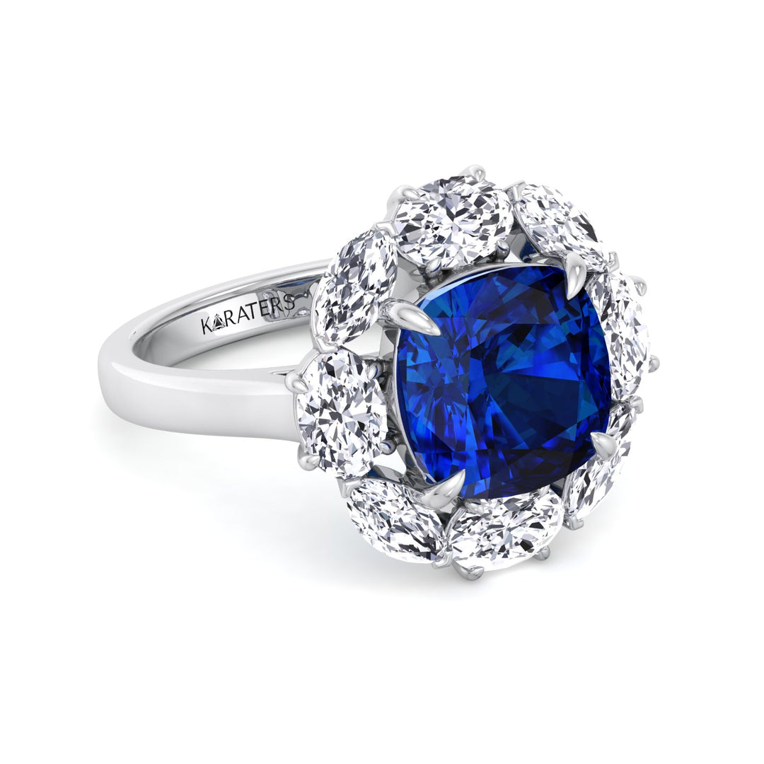 Cushion Shape Blue Sapphire Engagement Ring with Marquise and Oval Shape Lab Grown Diamond Halo