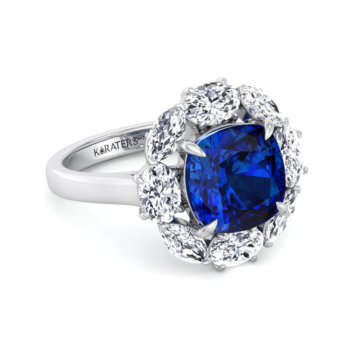 Cushion Shape Blue Sapphire Engagement Ring with Marquise and Oval Shape Lab Grown Diamond Halo