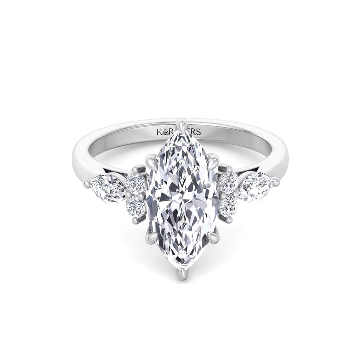 Marquise Shape Lab Grown Diamond Engagement Ring with Marquise and Round Sidestones-14K-18K-White Gold