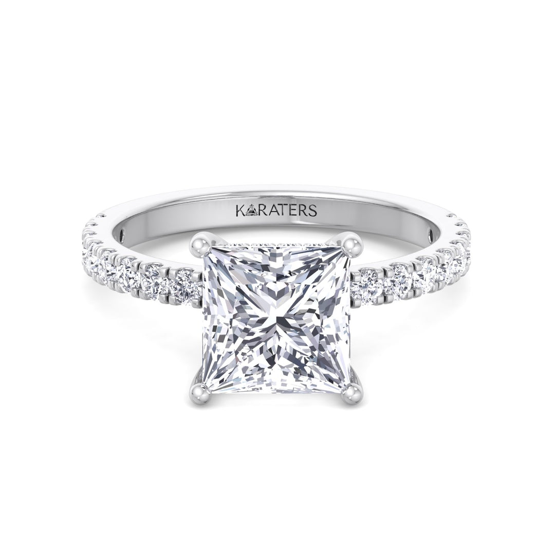 Princess Cut Lab Grown Diamond Engagement Ring with Hidden Halo and Pave Band