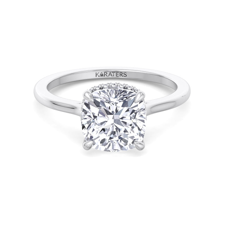 Cushion Cut Lab Grown Diamond Solitaire Engagement Ring with Hidden Halo