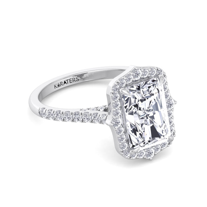 Vintage Style Radiant Cut Lab Grown Diamond Engagement Ring with Halo- White Gold