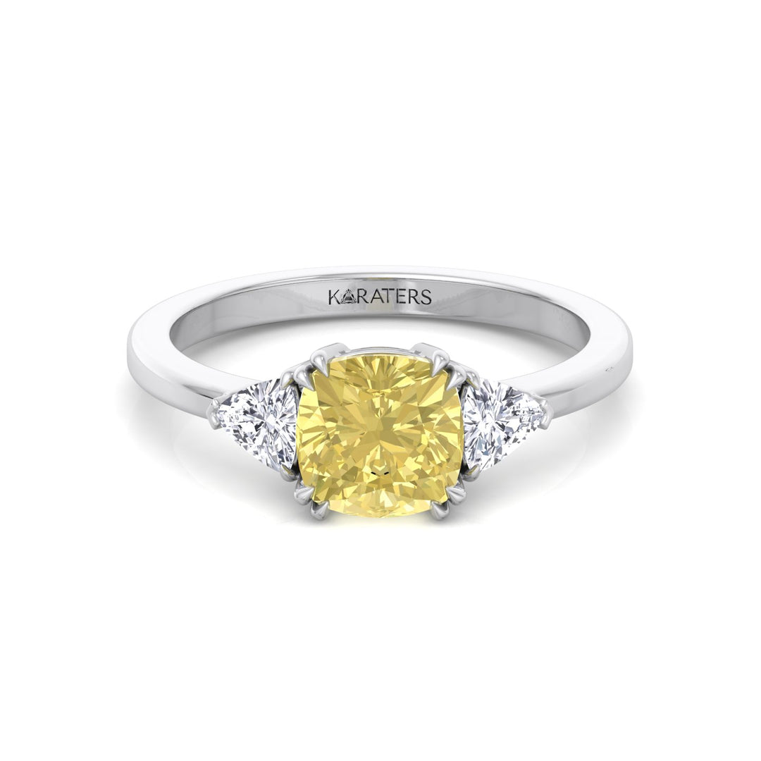 Fancy Yellow Cushion Cut Lab Grown Diamond Engagement Ring with Trillion Sidestones White Gold 14K