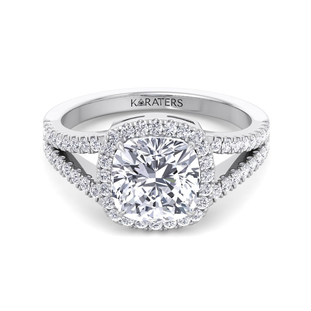Cushion Cut Lab Grown Diamond Halo Engagement Ring with Split Pave Band