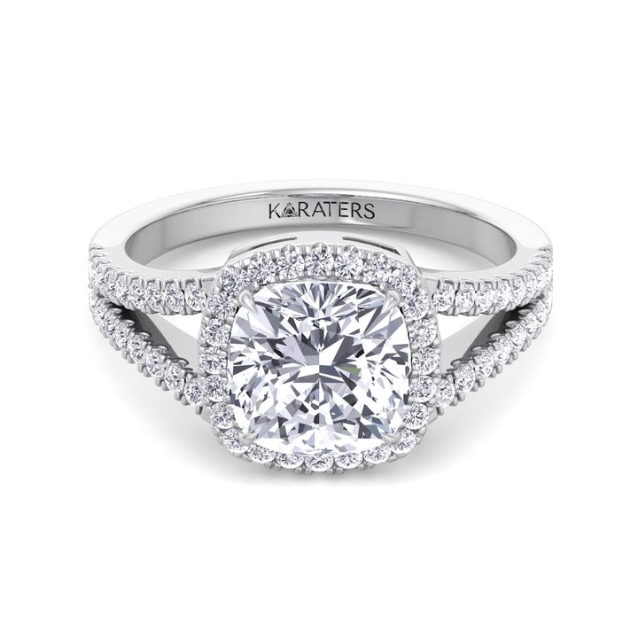 Cushion Cut Lab Grown Diamond Halo Engagement Ring with Split Pave Band