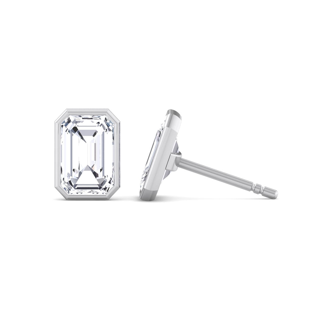 Bezel Set Emerald Shape Lab Grown Diamond Studs White Gold  14K 18K