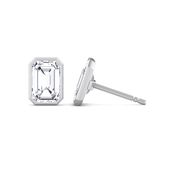 Bezel Set Emerald Shape Lab Grown Diamond Studs White Gold  14K 18K