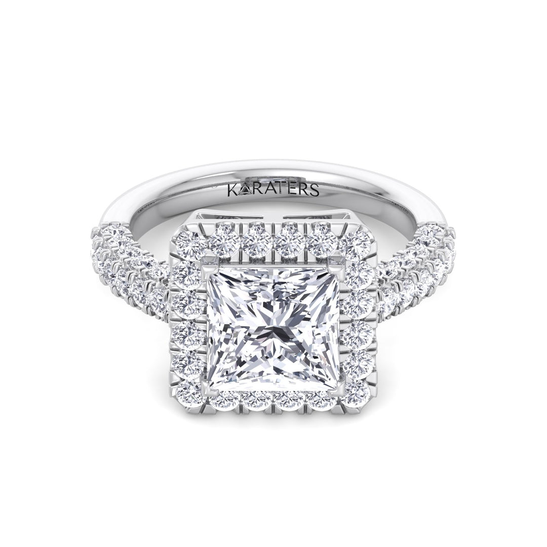 Princess Shape Lab Grown Diamond Halo Engagement Ring with a Semi Pave Band