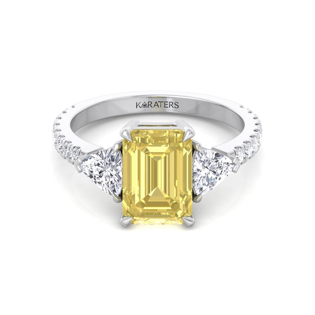 Fancy Yellow Emerald Shape Lab-Grown Diamond Engagement Ring with Trillion and Pave Sidestones