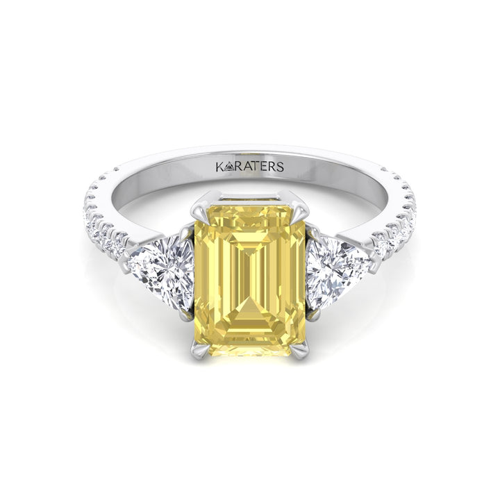 Fancy Yellow Emerald Shape Lab-Grown Diamond Engagement Ring with Trillion and Pave Sidestones
