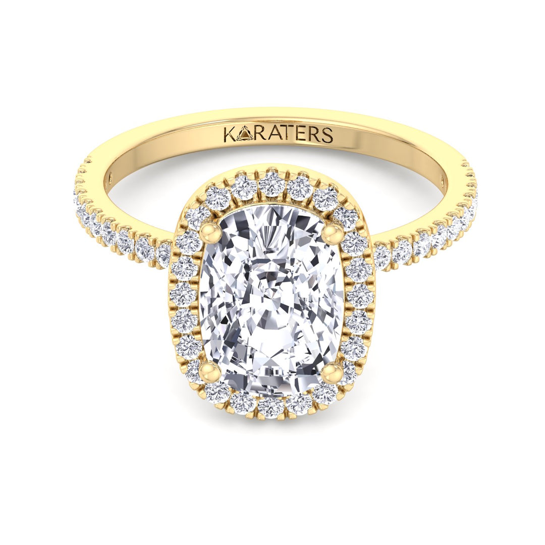 Elongated Cushion Cut Halo Lab Grown Diamond Engagement Ring with Side Stones