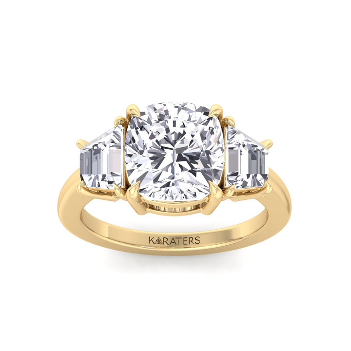 Cushion & Trapezoid Three Stone Lab-Diamond Engagement Ring Yellow Gold 14K 18K