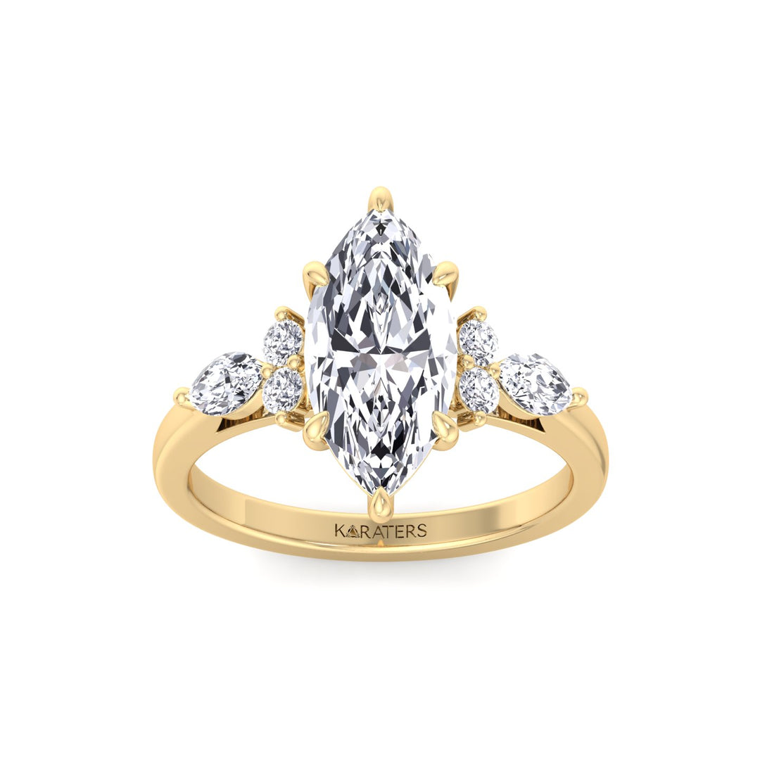Marquise Shape Lab Grown Diamond Engagement Ring with Marquise and Round Sidestones-14K-18K-1CT-2CT-3CT-4CT-5CT-6CT-7CT-8CT-9CT-10CT-Yellow Gold