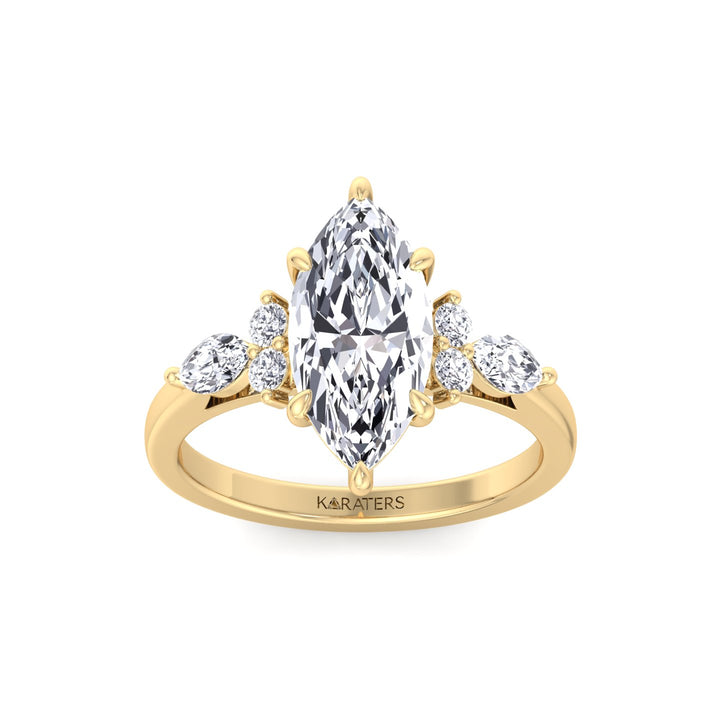 Marquise Shape Lab Grown Diamond Engagement Ring with Marquise and Round Sidestones-14K-18K-1CT-2CT-3CT-4CT-5CT-6CT-7CT-8CT-9CT-10CT-Yellow Gold