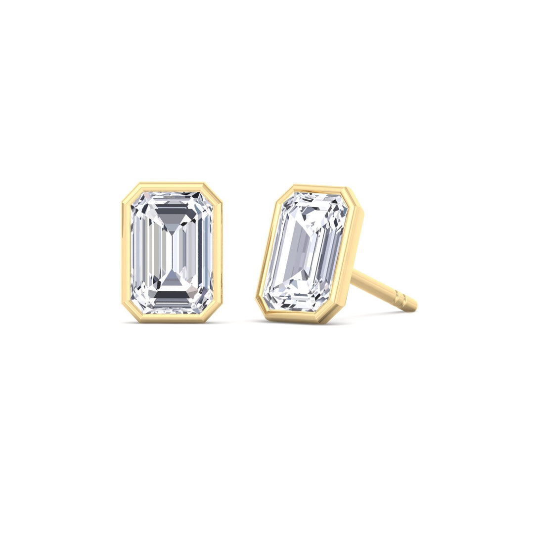 Bezel Set Emerald Shape Lab Grown Diamond Studs Yellow Gold  14K 18K