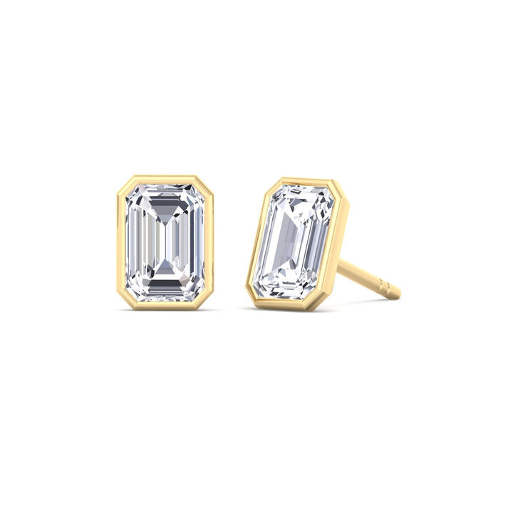 Bezel Set Emerald Shape Lab Grown Diamond Studs Yellow Gold  14K 18K