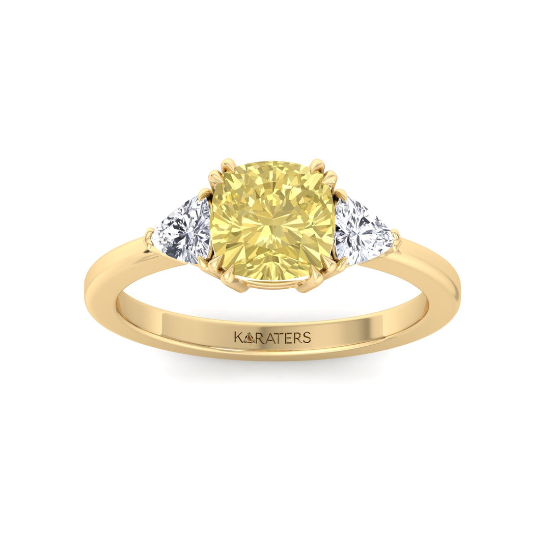 Fancy Yellow Cushion Cut Lab Grown Diamond Engagement Ring with Trillion Sidestones Yellow Gold 14K 18K