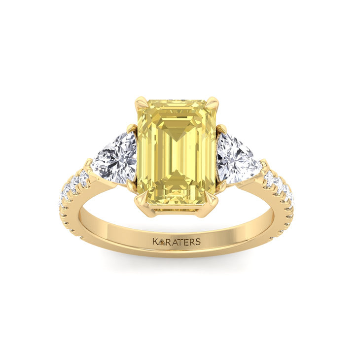 Fancy Yellow Emerald Shape Lab-Grown Diamond Engagement Ring with Trillion and Pave Sidestones